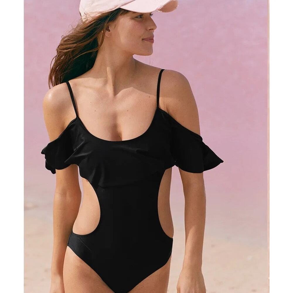 Aerie Black Cold Shoulder Ruffle One Piece Swimsuit Size S Small NWT